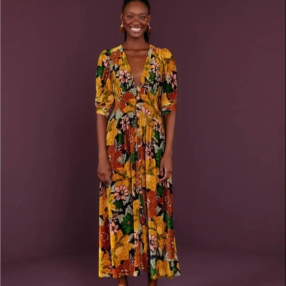 NWT $345 Farm Rio Garden Velvet Long Sleeve Midi Dress